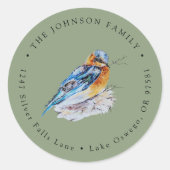 エレガントな水彩色のブルーバード宛名ラベル ラウンドシール (正面)