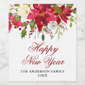 エレガントな水彩色のポインセチア お正月おめでとう ワインラベル (シングルラベル)