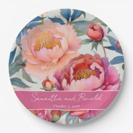 エレガントな水彩芍薬の花のウェディング ペーパープレート