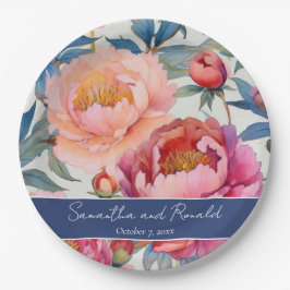 エレガントな水彩芍薬の花のウェディング ペーパープレート