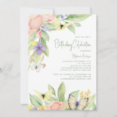 エレガントな水彩花と蝶のバースデーパーティ 招待状 (正面)