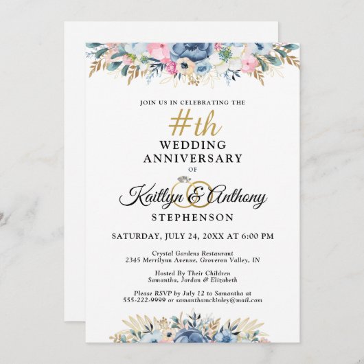 エレガントな水彩花のアニバーサリー 招待状 (正面/裏面)