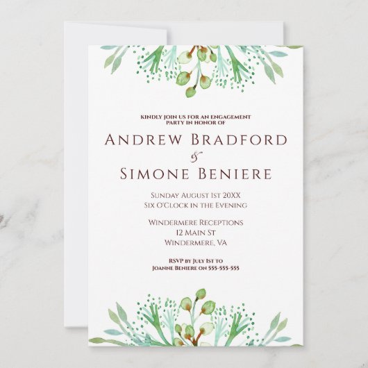 エレガントな水彩花のエンゲージメントパーティー 招待状 (正面)