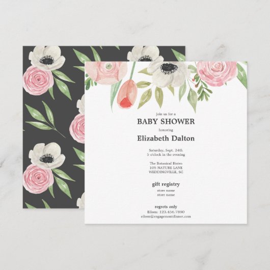エレガントな水彩花のニュートラルベビーシャワー 招待状 (正面/裏面)