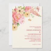 エレガントな水彩花のバターイエローとピーチのウェディング 招待状 (正面)