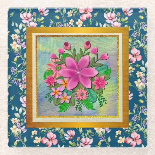 エレガントな水彩花の植物画 スプリングブーケ ガラスコースター (正面)
