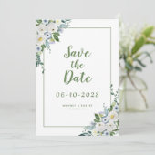 エレガントな水彩花イラストとグリーンが美しいウェディンググリーン セーブザデート (スタンド正面)