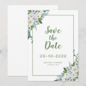 エレガントな水彩花イラストとグリーンが美しいウェディンググリーン セーブザデート (正面/裏面)