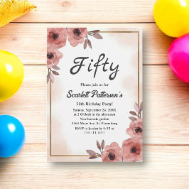 エレガントな水彩花イラストのダスティーローズ 50歳の誕生日 招待状