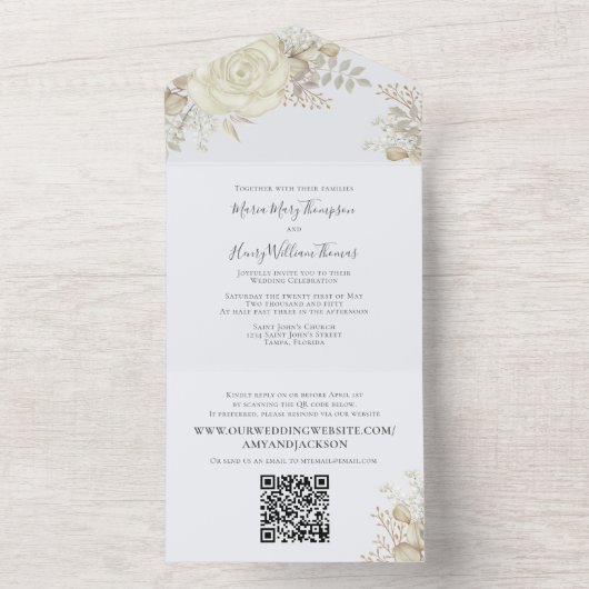 エレガントな水彩花イラストの ivory フォトQRコード オールインワン招待状 (内側)