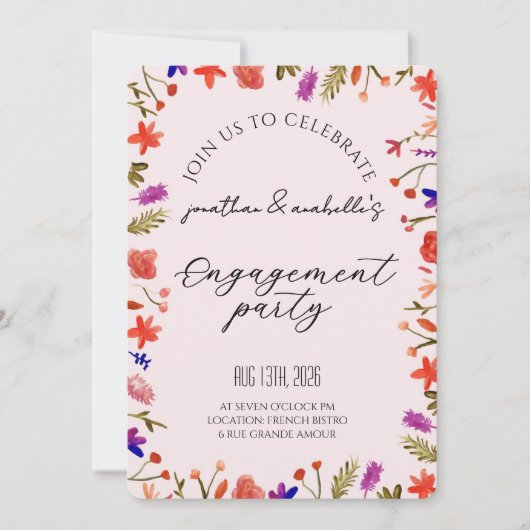 エレガントな水彩花エンゲージメントのお祝い 招待状 (正面)