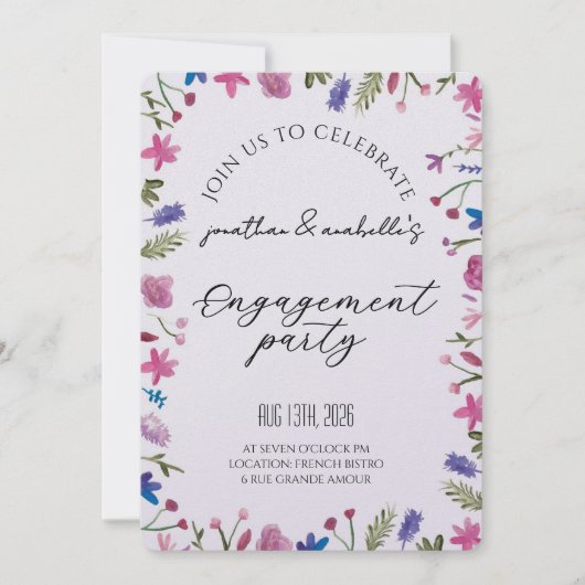 エレガントな水彩花エンゲージメントのお祝い 招待状 (正面)