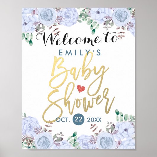 エレガントな水彩花モチーフのベビーシャワー歓迎サイン ポスター (正面)