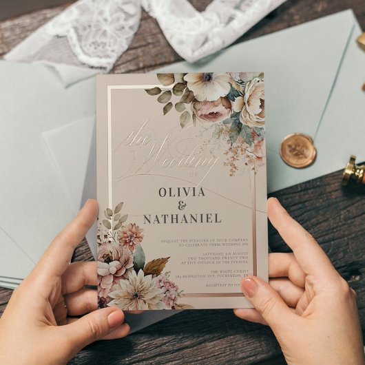 エレガントな水彩花モチーフの秋のウェディング 箔招待状