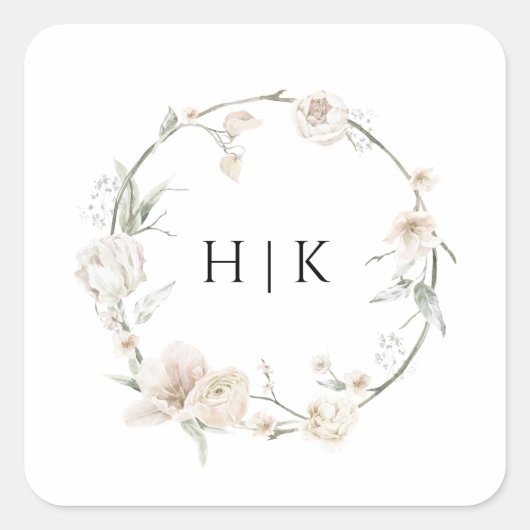 エレガントな水彩花モノグラム丸型ステッカー スクエアシール (正面)
