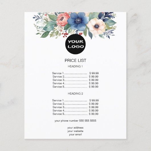 エレガントな水彩花卉ビジネスの価格リスト チラシ (正面)