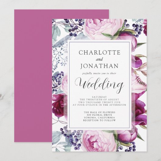 エレガントな水彩花卉ボタニカルウェディング招待状 招待状 (正面/裏面)