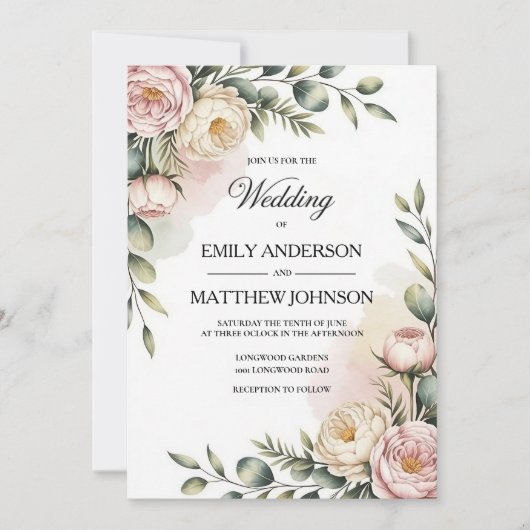エレガントな水彩花柄のウェディング招待状 招待状 (正面)