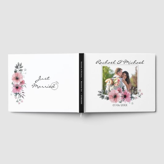 エレガントな水彩花柄のカスタム写真ウェディング ゲストブック (全面)