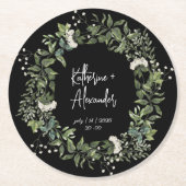 エレガントな水彩花柄のブラック＆ホワイト ラウンドペーパーコースター (正面)