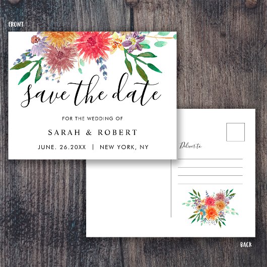エレガントな水彩花柄の結婚式Save the Date ポストカード
