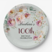 *エレガントな水彩花柄の100歳の誕生日パーティー ペーパープレート (正面)