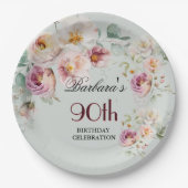 *エレガントな水彩花柄の90歳の誕生日パーティー ペーパープレート (正面)