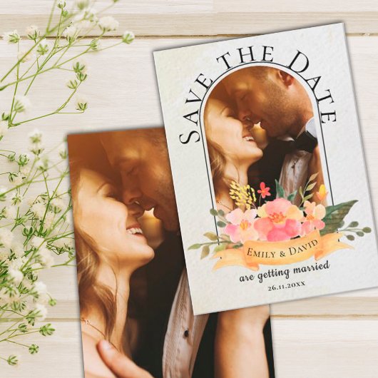 エレガントな水彩花柄キュートフォトウェディング 案内状