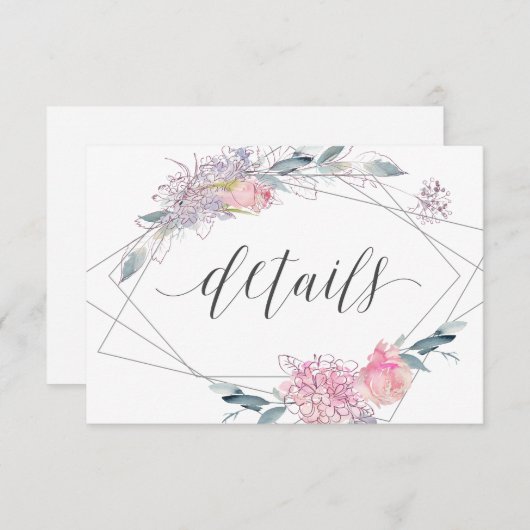 エレガントな水彩花柄幾何学模様のウェディング詳細 招待状 (正面/裏面)