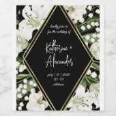 エレガントな水彩花柄 ブラック＆ホワイト ワインラベル (シングルラベル)