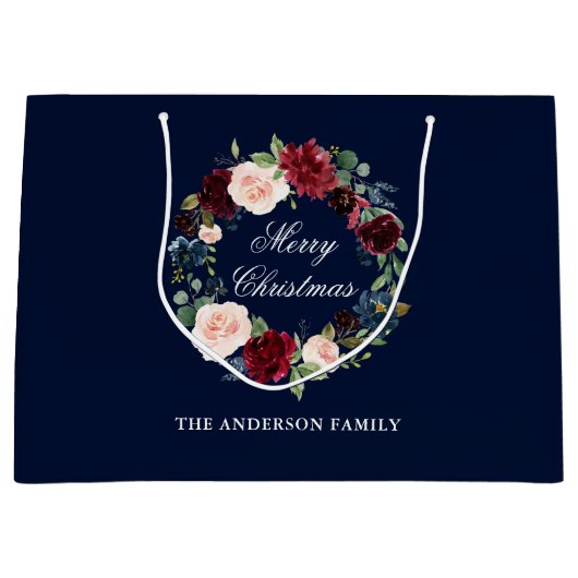 エレガントな水彩花輪のクリスマスカード 楽しいクリスマス ラージペーパーバッグ (正面)