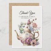 エレガントな水彩茶さじの花のティーパーティー サンキューカード (正面/裏面)