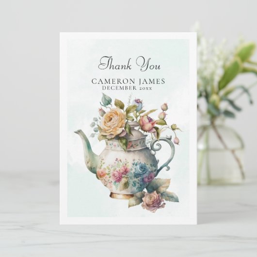 エレガントな水彩茶さじの花のティーパーティー サンキューカード (スタンド正面)