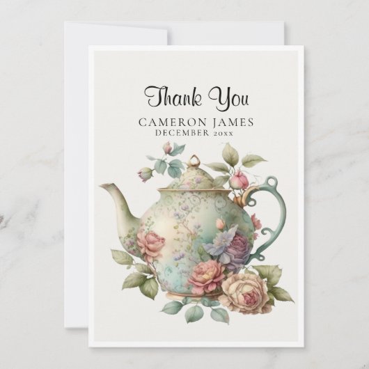エレガントな水彩茶さじの花のティーパーティー サンキューカード (正面)