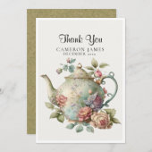 エレガントな水彩茶さじの花のティーパーティー サンキューカード (正面/裏面)