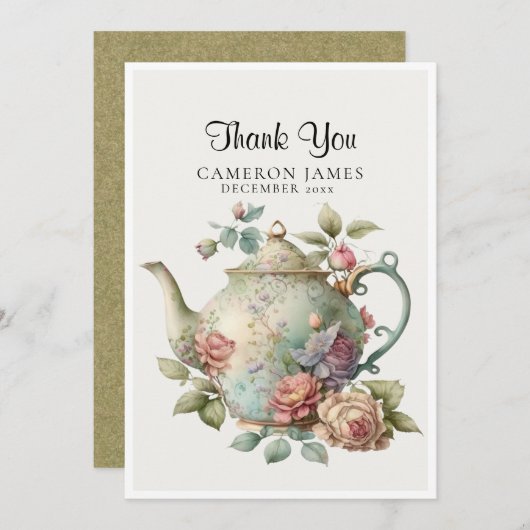 エレガントな水彩茶さじの花のティーパーティー サンキューカード (正面/裏面)
