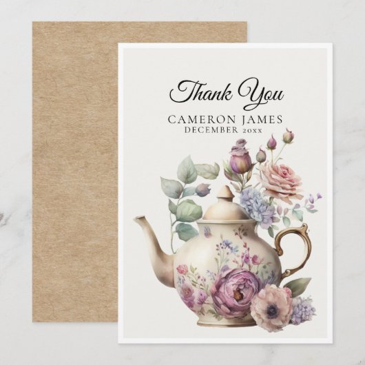 エレガントな水彩茶さじの花柄ティーパーティー サンキューカード (正面/裏面)
