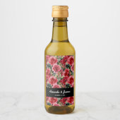 エレガントな水彩赤い花 ブラック ウェディング ミニラベル ワインラベル (正面)