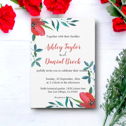 エレガントな水彩赤花秋フラワーウェディング 招待状