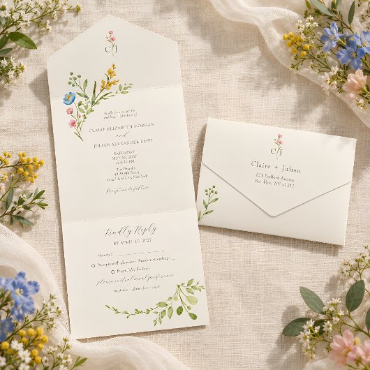 エレガントな水彩野の花の結婚式 オールインワン招待状