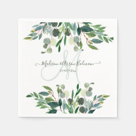 エレガントな水彩青いユーカリ モノグラム スタンダードカクテルナプキン