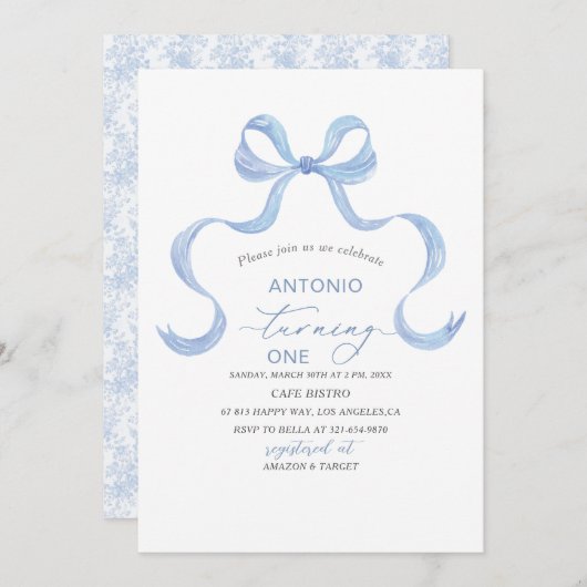 エレガントな水彩青いリボンの男の子ベイビーシャワー 招待状 (正面/裏面)