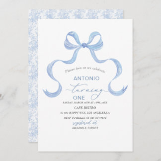 エレガントな水彩青いリボンの男の子ベイビーシャワー 招待状