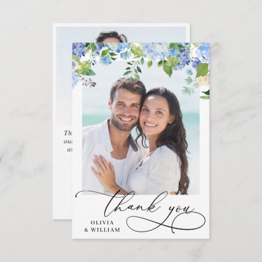 エレガントな水彩青い紫陽花2枚写真 サンキューカード (正面/裏面)