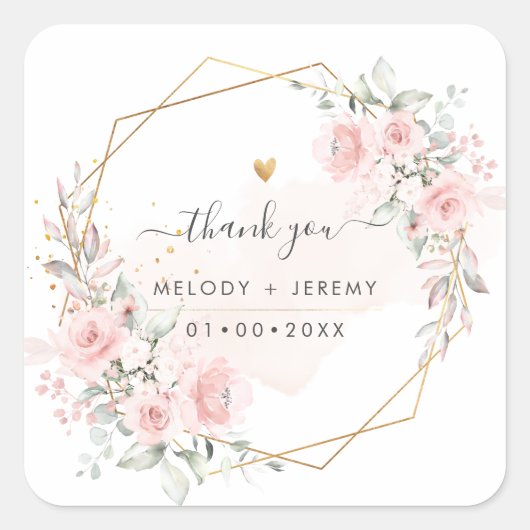 エレガントな水彩 ダスティーブルッシュピンクの感謝 スクエアシール (正面)