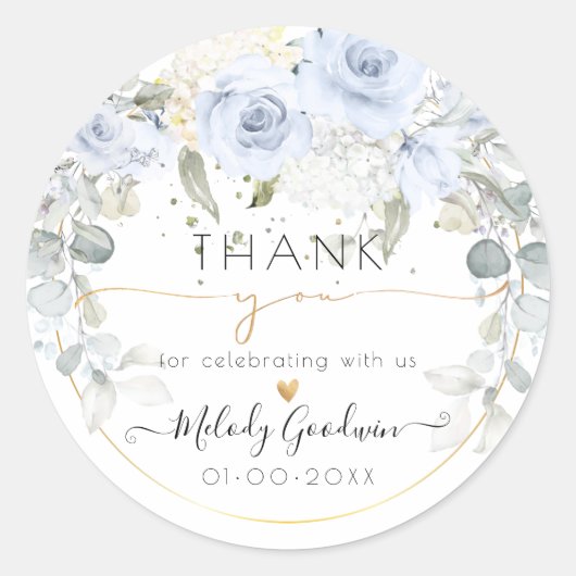 エレガントな水彩 ダスティーブルーのバラ 感謝 ラウンドシール (正面)