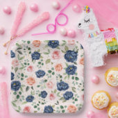 エレガントな水彩 ネイビー コーラル 花柄 ペーパープレート (パーティー)