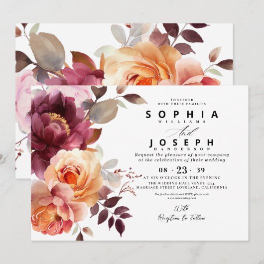 エレガントな水彩 ワインレッド ブーケ 花のウェディング 招待状 (正面/裏面)