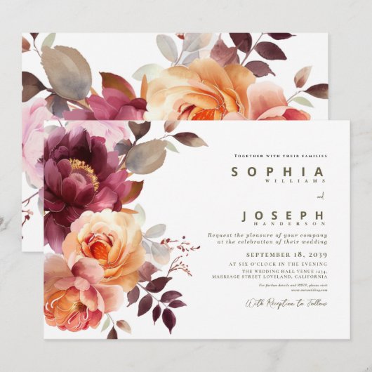 エレガントな水彩 ワインレッド ブーケ 花のウェディング 招待状 (正面/裏面)