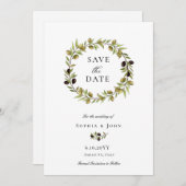 エレガントな水彩 ヴィンテージ オリーブの花輪 セーブザデート (正面/裏面)